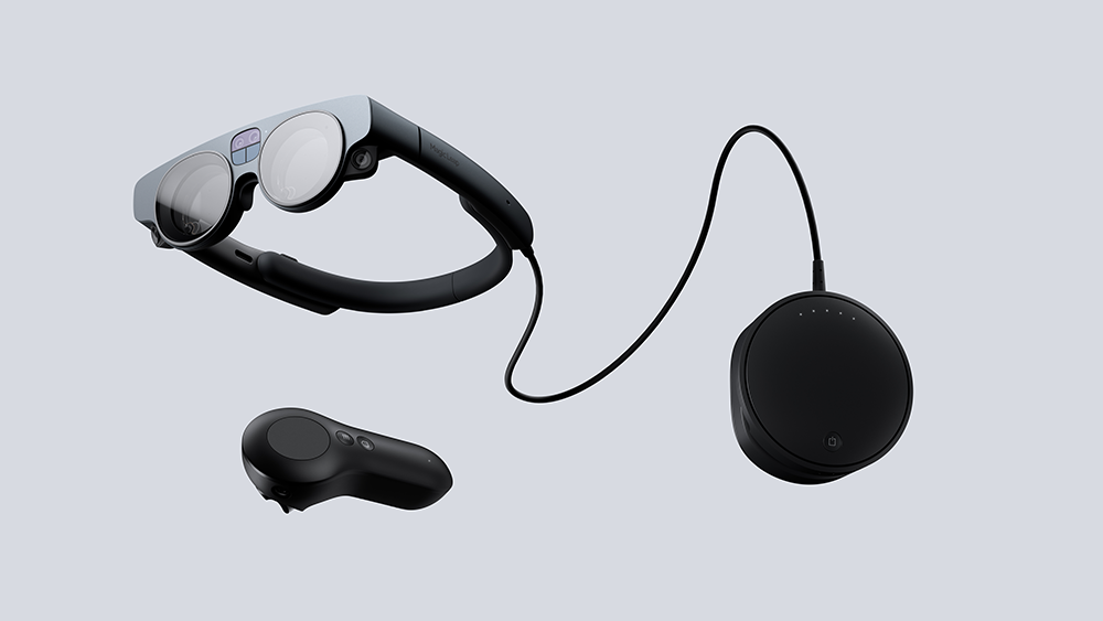 Magic Leap 2 augmented reality (ar) device with headset, compute pack and controller. 